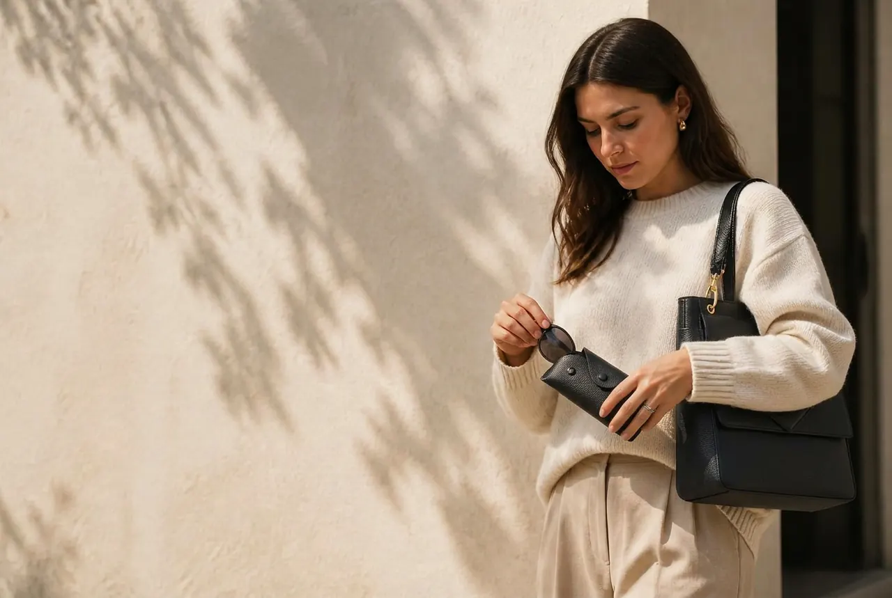 Frau nimmt die Sonnenbrille aus dem Brillenetui der BAKERTINE All-Day Bag