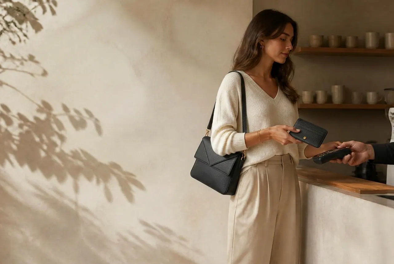 Frau zahlt an der Theke, Wallet aus der BAKERTINE All-Day Bag in der Hand