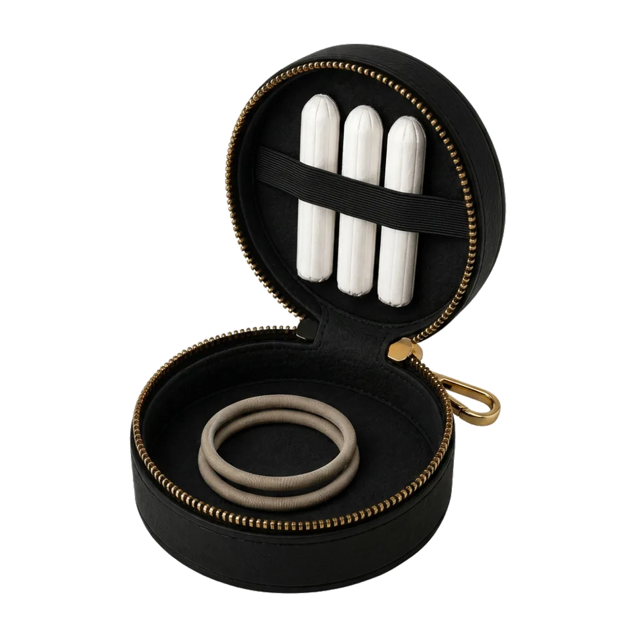 BAKERTINE Round Pouch geöffnet mit Innenband und Haargummis, freigestellt